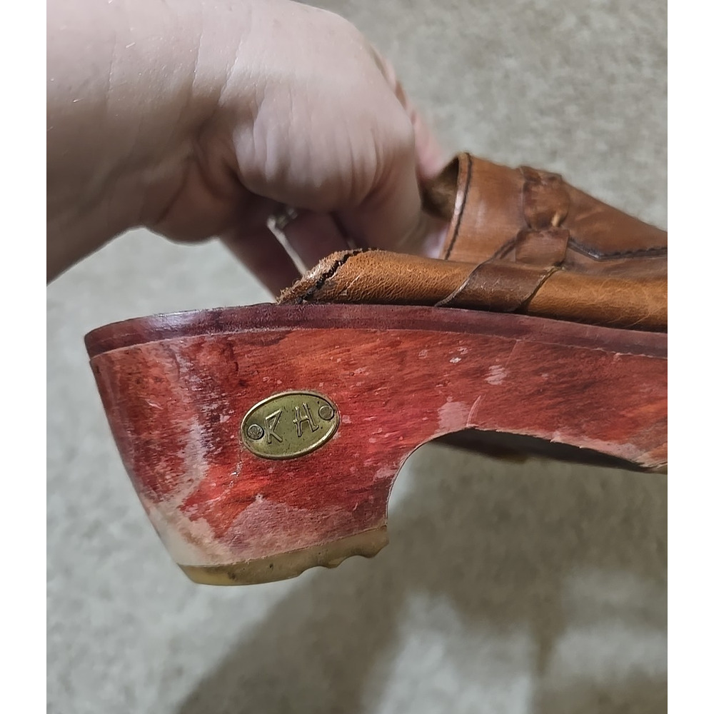 Vtg Red Hot Sharger Y2K Brown Leather Wooden Preppy Clogs Sandals Womans Size 6‎ - Picture 5 of 7